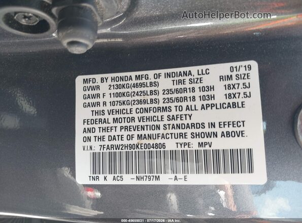 7FARW2H90KE004806 2019 HONDA CR-V Gray Widok komory silnika