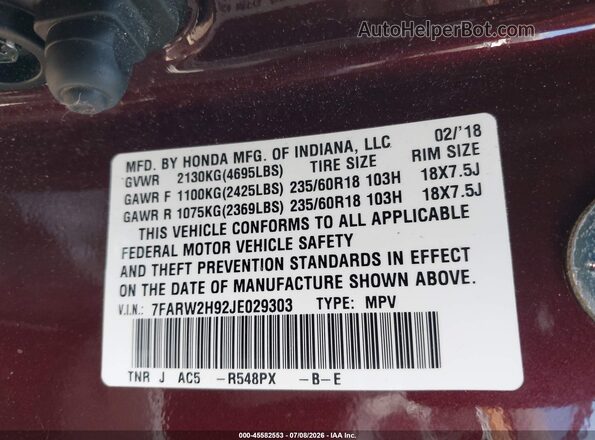 7FARW2H92JE029303 2018 HONDA CR-V Бордовый Вид подкапотного пространства