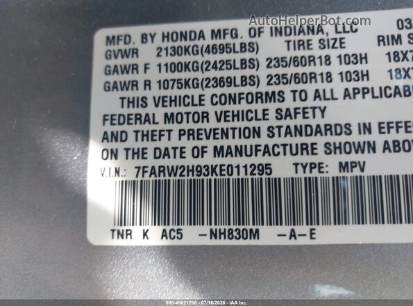 7FARW2H93KE011295 2019 HONDA CR-V Silver Շարժիչի բաժամունքի տեսք