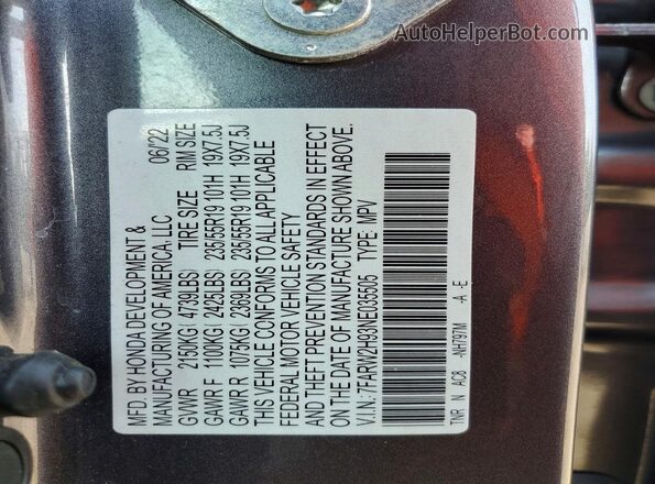 7FARW2H93NE035505 2022 HONDA CR-V Gray Widok naklejki z numerem VIN