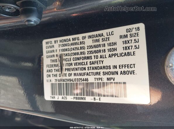7FARW2H94JE025446 2018 HONDA CR-V Gray Vista del compartimento del motor