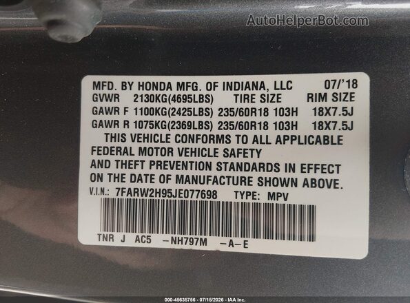 7FARW2H95JE077698 2018 HONDA CR-V Gray ძრავის განყოფილების ხედი