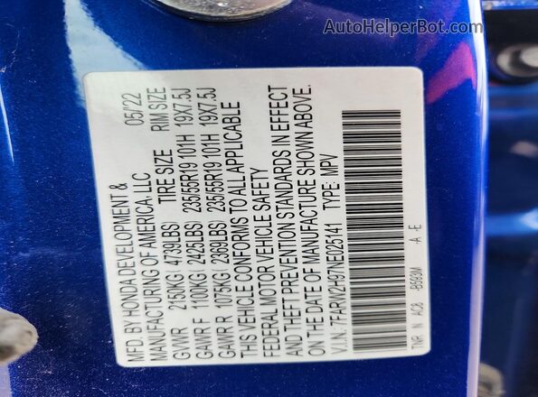 7FARW2H97NE025141 2022 HONDA CR-V Blue VIN sticker view