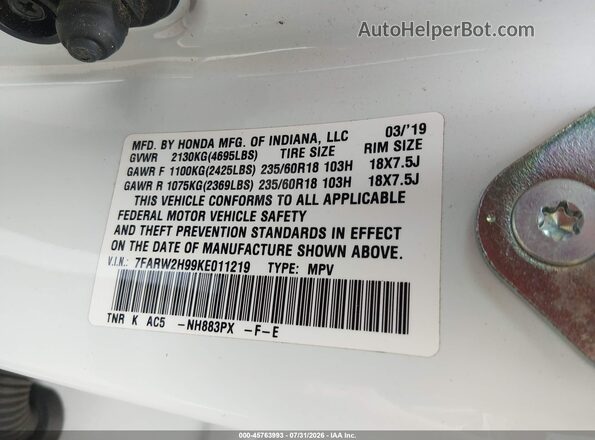 7FARW2H99KE011219 2019 HONDA CR-V White Շարժիչի բաժամունքի տեսք