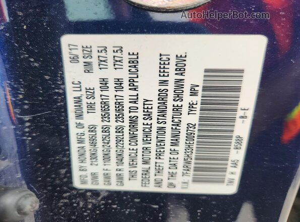 7FARW5H33HE009732 2017 HONDA CR-V Blue VIN sticker view