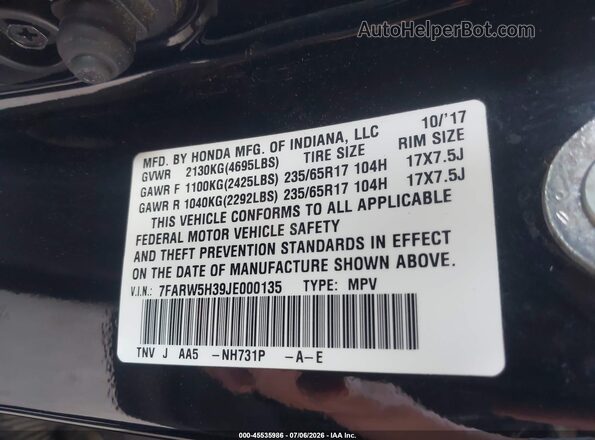 7FARW5H39JE000135 2018 HONDA CR-V Black Widok komory silnika