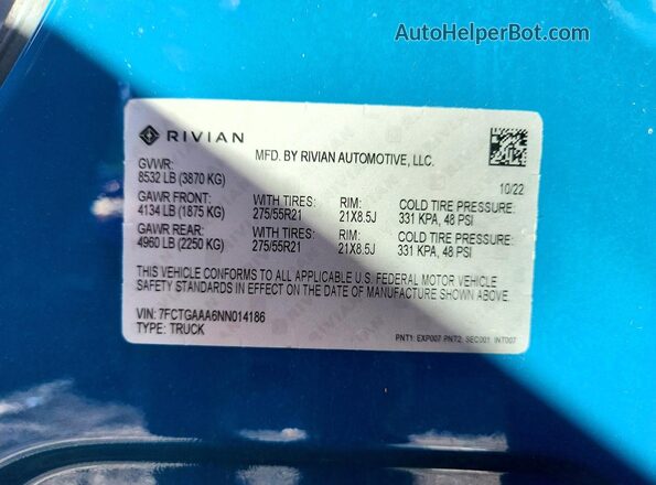 7FCTGAAA6NN014186 2022 RIVIAN R1T Blue Շարժիչի բաժամունքի տեսք