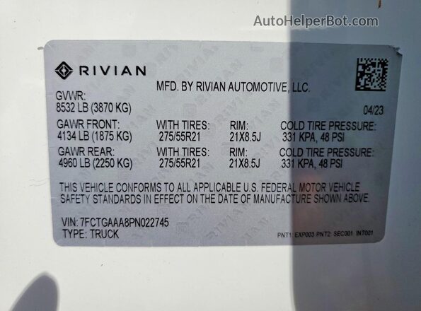 7FCTGAAA8PN022745 2023 RIVIAN R1T White Widok komory silnika