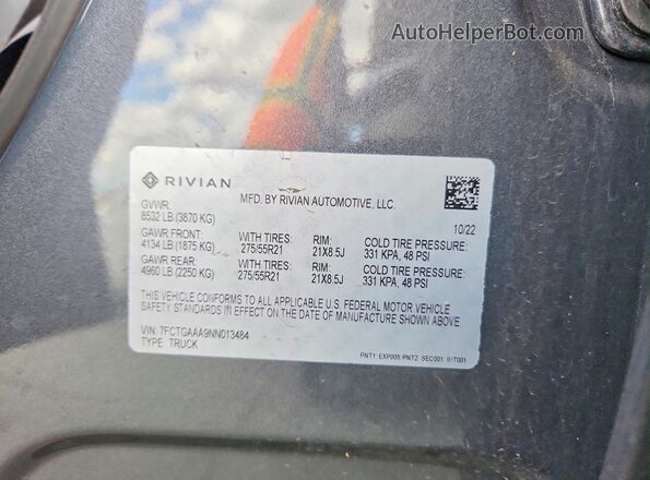7FCTGAAA9NN013484 2022 RIVIAN R1T Серый Вид наклейки с VIN-кодом
