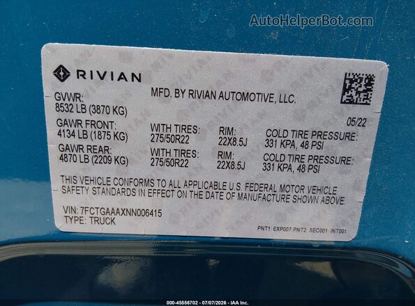 7FCTGAAAXNN006415 2022 RIVIAN R1T Blue ძრავის განყოფილების ხედი