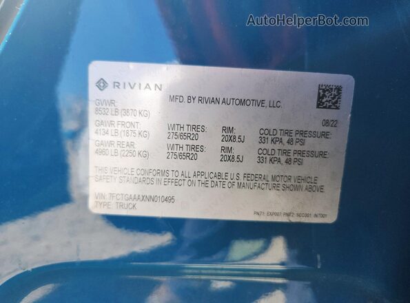 7FCTGAAAXNN010495 2022 RIVIAN R1T Blue VIN კოდის სტიკერის ხედი