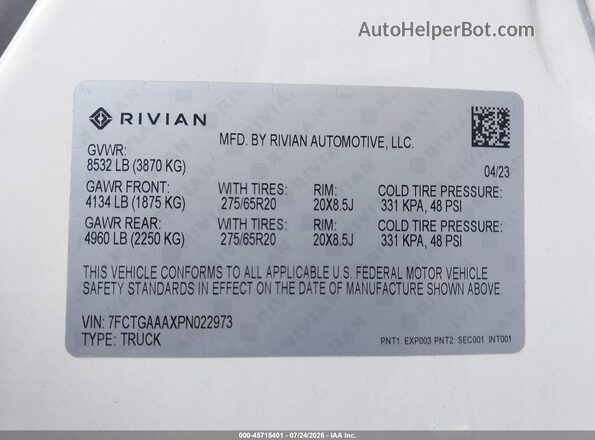 7FCTGAAAXPN022973 2023 RIVIAN R1T White ძრავის განყოფილების ხედი