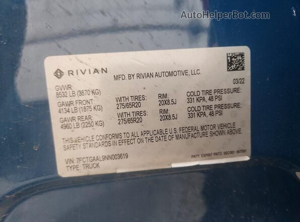 7FCTGAAL9NN003619 2022 RIVIAN R1T Синий Вид наклейки с VIN-кодом