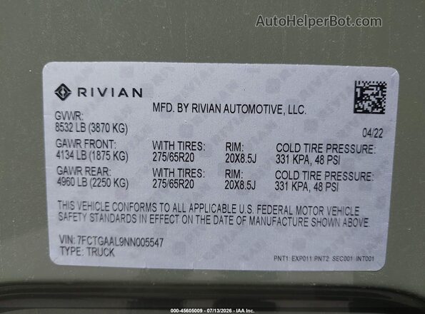 7FCTGAAL9NN005547 2022 RIVIAN R1T Green ძრავის განყოფილების ხედი