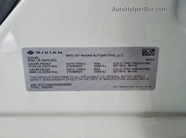 7FCTGBAA5SN035063 2025 RIVIAN R1T Белый Вид наклейки с VIN-кодом