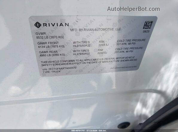 7FCTGFAAXTN043572 2026 RIVIAN R1T White Շարժիչի բաժամունքի տեսք