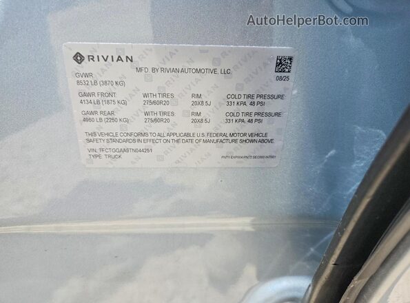 7FCTGGAA9TN044251 2026 RIVIAN R1T Silver ძრავის განყოფილების ხედი
