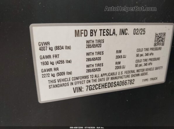 7G2CEHED0SA066782 2025 TESLA CYBERTRUCK Black Widok komory silnika