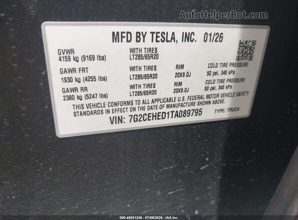 7G2CEHED1TA089795 2026 TESLA CYBERTRUCK Silver Widok komory silnika