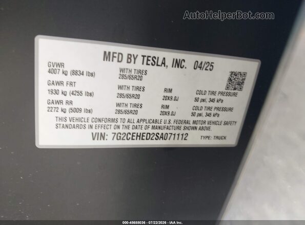 7G2CEHED2SA071112 2025 TESLA CYBERTRUCK Серый Вид подкапотного пространства