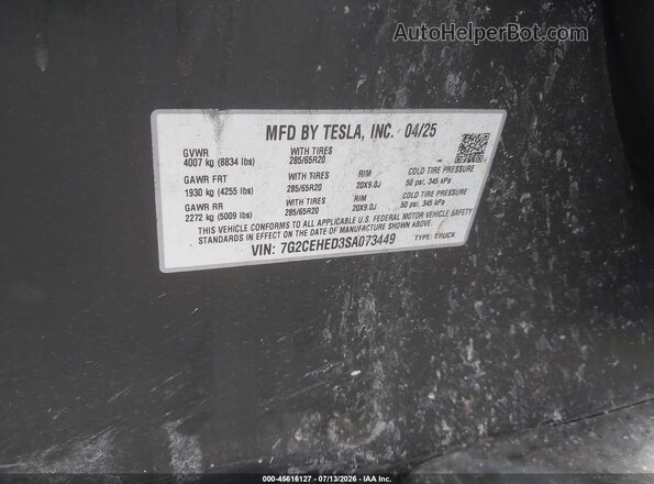 7G2CEHED3SA073449 2025 TESLA CYBERTRUCK Gray ძრავის განყოფილების ხედი