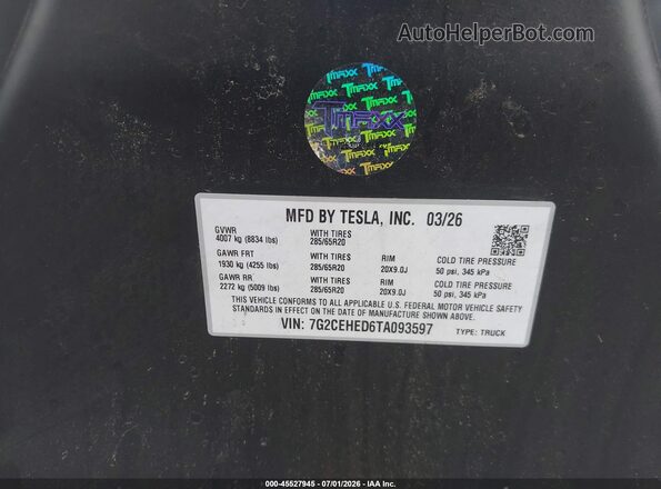 7G2CEHED6TA093597 2026 TESLA CYBERTRUCK Black Widok komory silnika