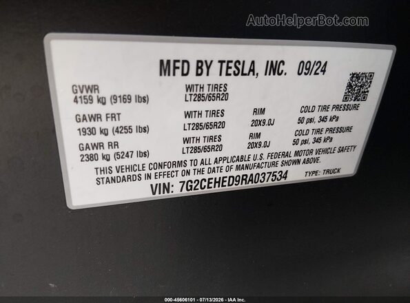 7G2CEHED9RA037534 2024 TESLA CYBERTRUCK Black ძრავის განყოფილების ხედი