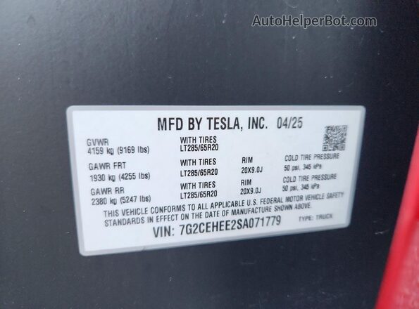 7G2CEHEE2SA071779 2025 TESLA CYBERTRUCK Red Widok naklejki z numerem VIN