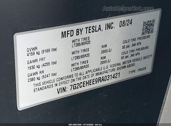 7G2CEHEE9RA031421 2024 TESLA CYBERTRUCK Silver ძრავის განყოფილების ხედი