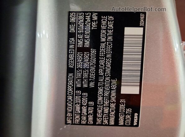 7JDEV3VL7SG017097 2025 VOLVO EX90 Gray Widok naklejki z numerem VIN