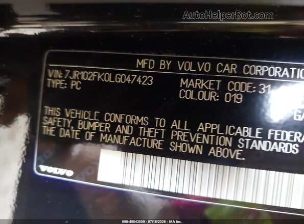 7JR102FK0LG047423 2020 VOLVO S60 Black Շարժիչի բաժամունքի տեսք