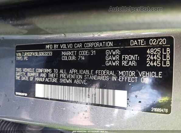 7JR102FK9LG063233 2020 VOLVO S60 Gray Շարժիչի բաժամունքի տեսք