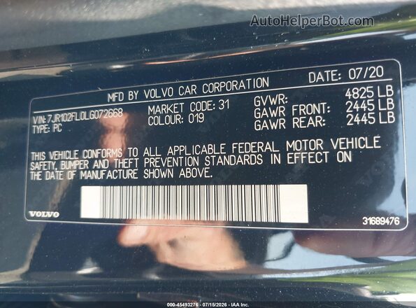7JR102FL0LG072668 2020 VOLVO S60 Black Вид підкапотного простору