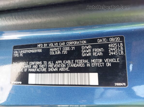 7JR102FM2MG091166 2021 VOLVO S60 Blue Vista del compartimento del motor