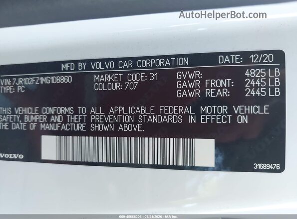 7JR102FZ1MG108860 2021 VOLVO S60 White Շարժիչի բաժամունքի տեսք