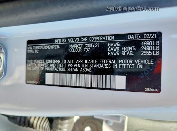 7JR102TZXMG117934 2021 VOLVO S60 White ძრავის განყოფილების ხედი