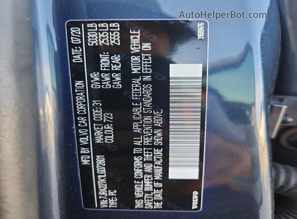 7JRA22TK1LG072801 2020 VOLVO S60 Charcoal VIN კოდის სტიკერის ხედი