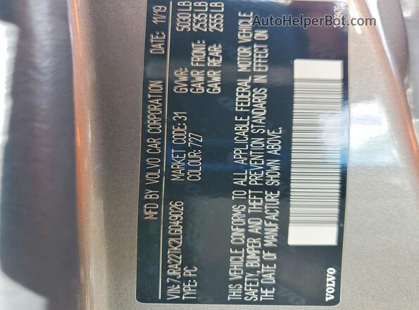 7JRA22TK2LG049026 2020 VOLVO S60 Gray Вид наклейки з VIN-кодом