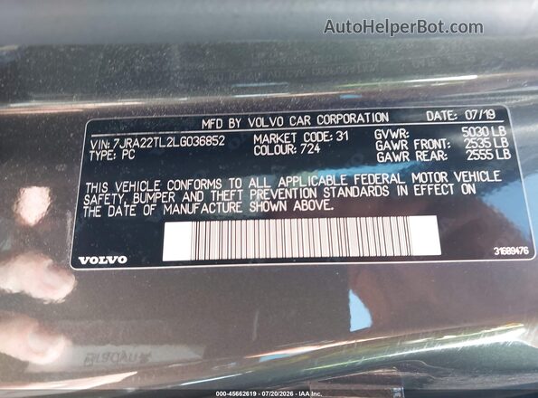 7JRA22TL2LG036852 2020 VOLVO S60 Gray ძრავის განყოფილების ხედი