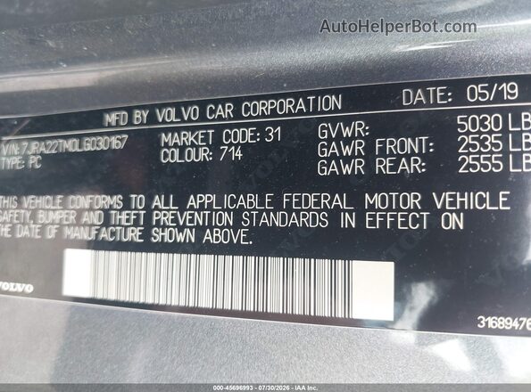 7JRA22TM0LG030167 2020 VOLVO S60 Gray ძრავის განყოფილების ხედი