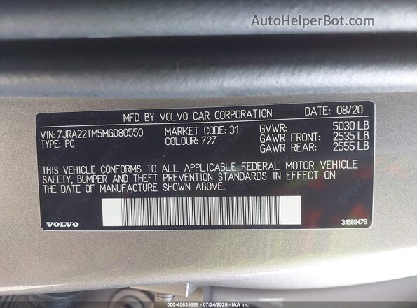 7JRA22TM5MG080550 2021 VOLVO S60T5MOMENTUMAWD Silver Vista del compartimento del motor