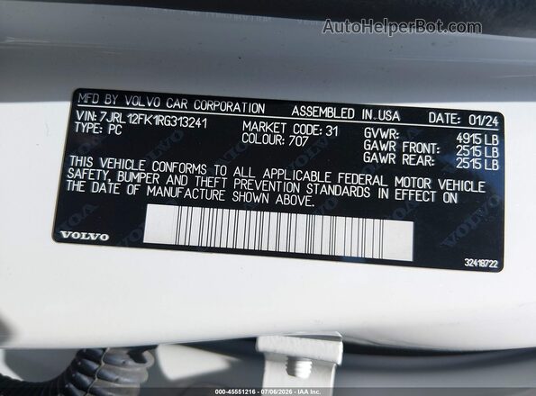 7JRL12FK1RG313241 2024 VOLVO S60 White ძრავის განყოფილების ხედი
