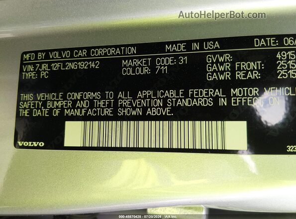 7JRL12FL2NG192142 2022 VOLVO S60 Silver Engine compartment view