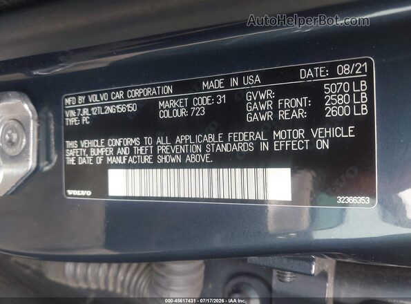 7JRL12TL2NG156150 2022 VOLVO S60 Blue Engine compartment view
