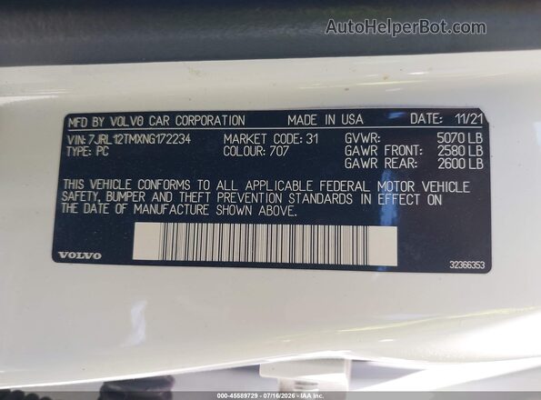 7JRL12TMXNG172234 2022 VOLVO S60 White Շարժիչի բաժամունքի տեսք