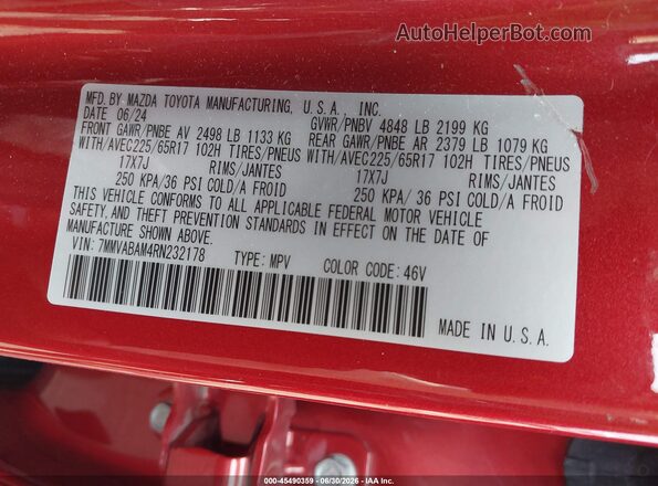 7MMVABAM4RN232178 2024 MAZDA CX-5 Red Շարժիչի բաժամունքի տեսք