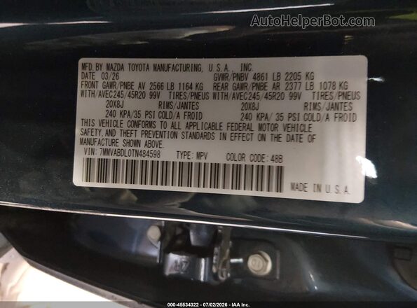 7MMVABDL0TN484598 2026 MAZDA CX-5 Purple Вид наклейки з VIN-кодом