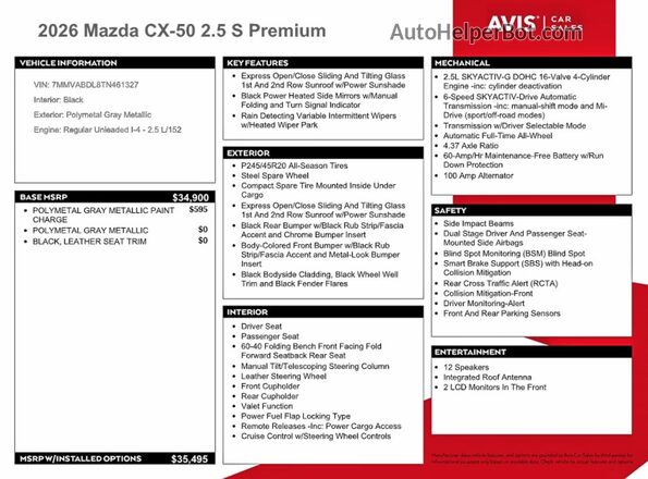 7MMVABDL8TN461327 2026 MAZDA CX-5 Серый Вид наклейки с VIN-кодом