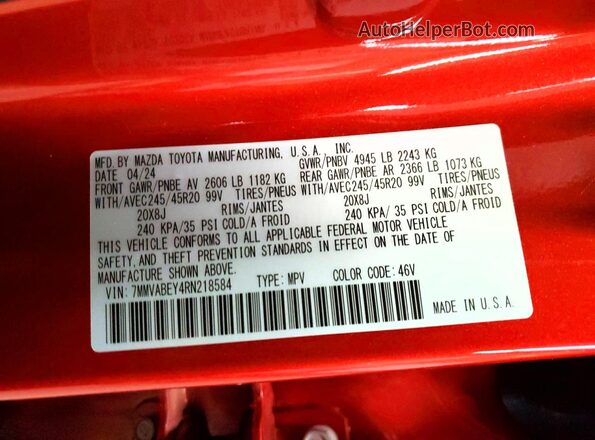 7MMVABEY4RN218584 2024 MAZDA CX-5 Red VIN კოდის სტიკერის ხედი
