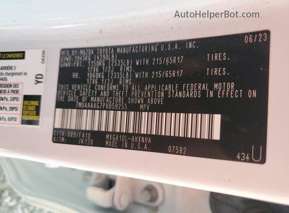 7MUAAAAG7PV059255 2023 TOYOTA COROLLA White VIN sticker view